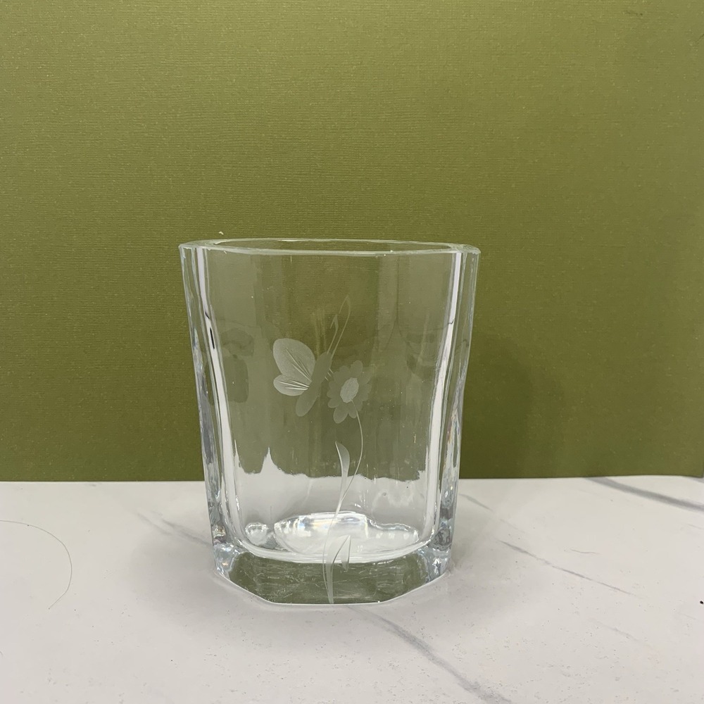 Vtg Johansfors Sweden Glass Vase Heavy Clear Crystal Etched Butterfly Floral 4"